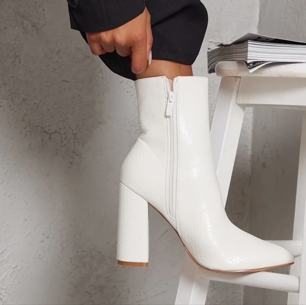 PrettyLittleThing White Faux Snakeskin Print‎ Ankle Boots